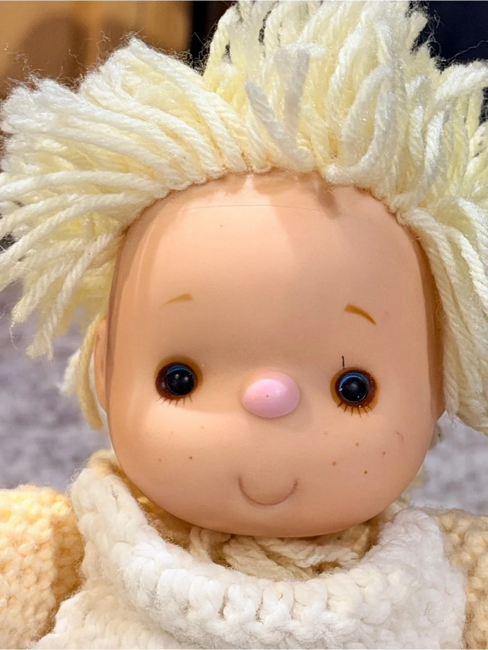 VTG 70s Handmade Crochet Doll Yellow Dress White Bib Floppy Hat &  Freckles 17”
